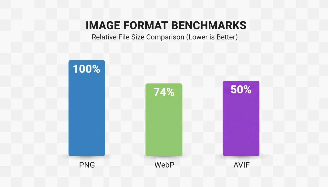 PNG, WebP, AVIF 간의 파일 크기 절감을 비교하는 단순한 막대 그래프