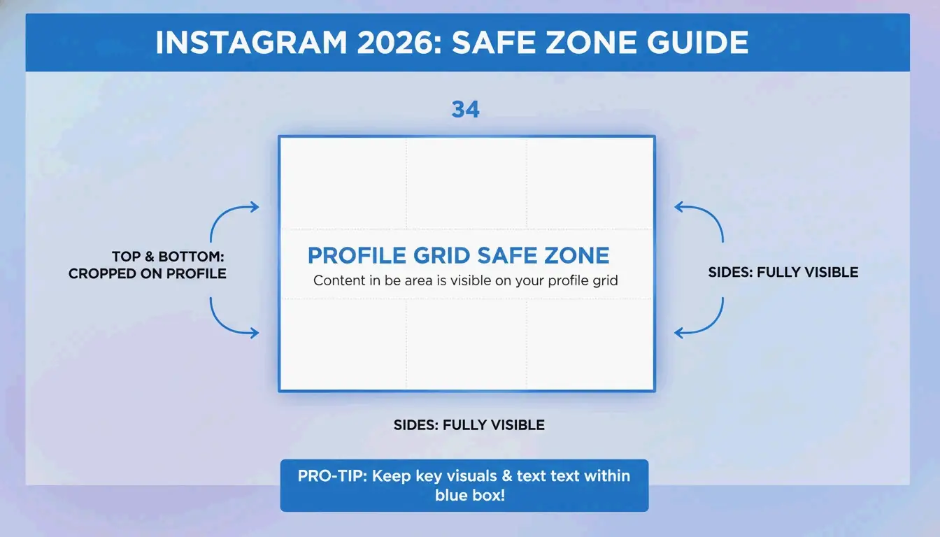 2026년 Instagram 안전 구역과 3:4 프로필 그리드 미리보기의 시각 가이드