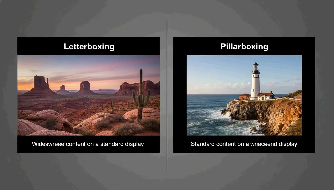 표준 화면에서 Letterboxing과 Pillarboxing을 시각적으로 보여주는 비교
