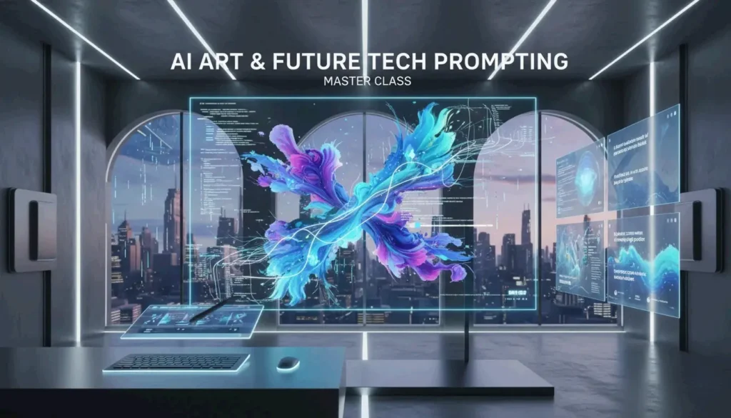 A futuristic, minimalist fusion of human creativity and AI neural networks representing advanced prompting.
