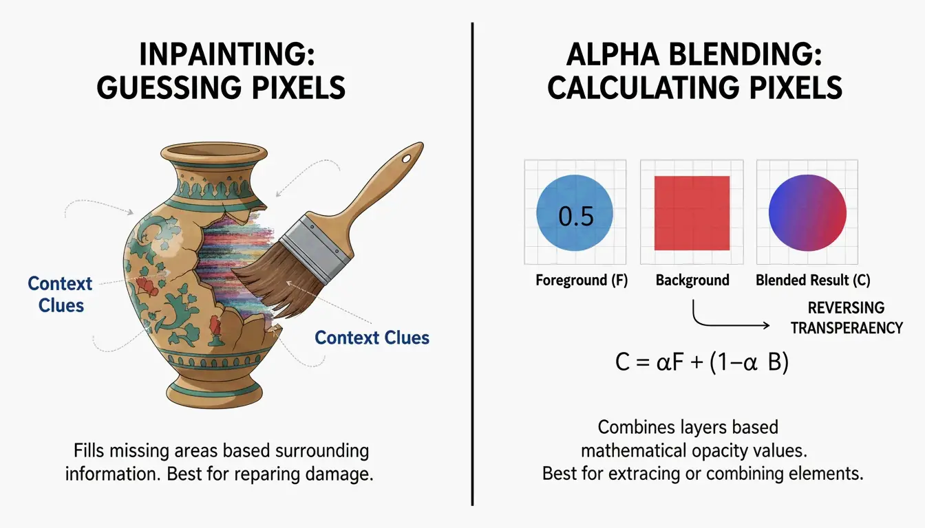 Inpainting(재구성) vs. Alpha Blending(수학적 역전)의 나란히 시각 비교