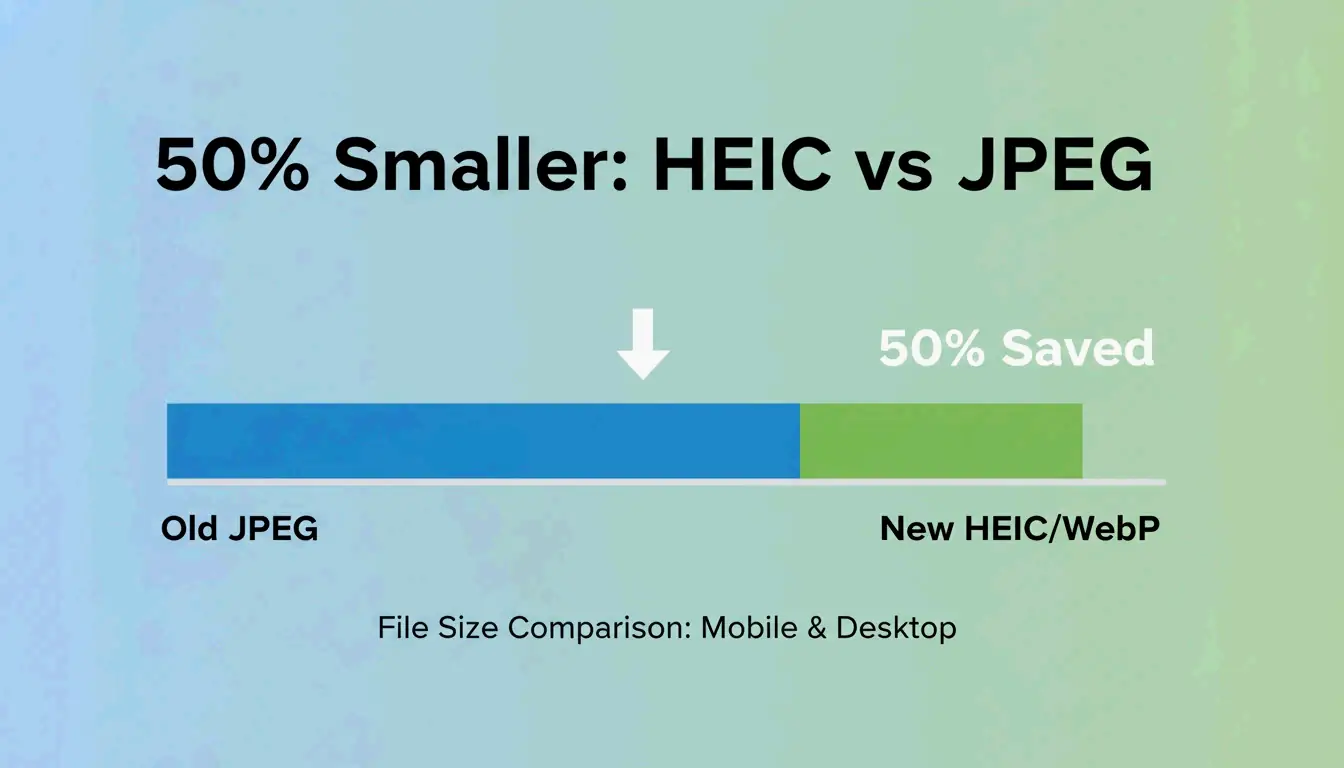 파일 크기 감소의 간단한 나란히 비교(예: JPEG vs HEIC).