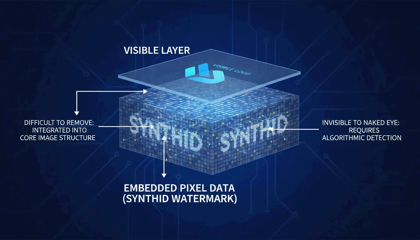 개념도: 레이어 구조로 보여주는 보이는 워터마크와 픽셀 수준 SynthID 의 차이